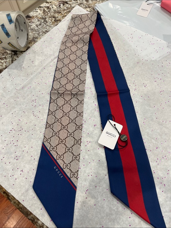 Gucci Accessories - Gucci Blue & Red Striped Silk Tie with Beige GG Monogram